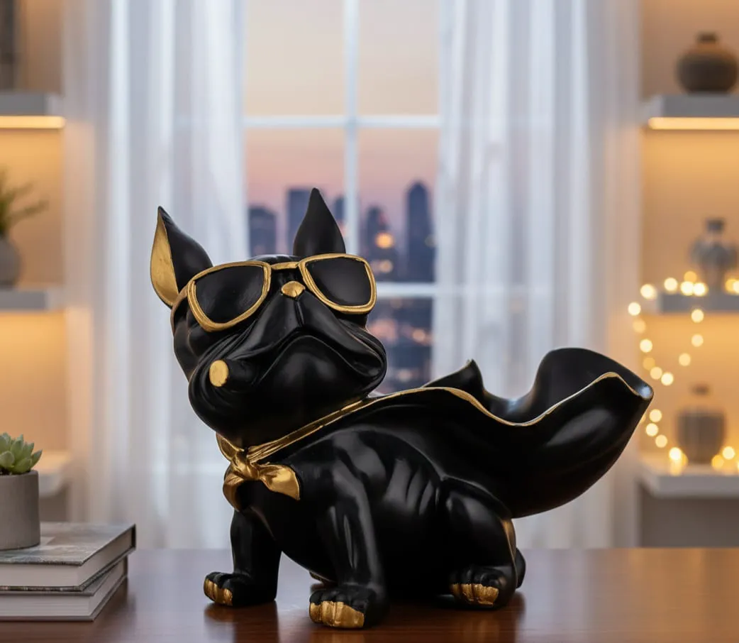 Stylish Black Dog Resin Showpiece with Storage Tray – Decorative Bulldog Figurine